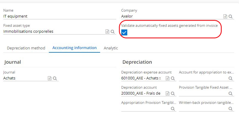 1.1. Activate the checkbox “Validate automatically fixed assets generated from invoice”
on a fixed asset category form in order to apply this feature.